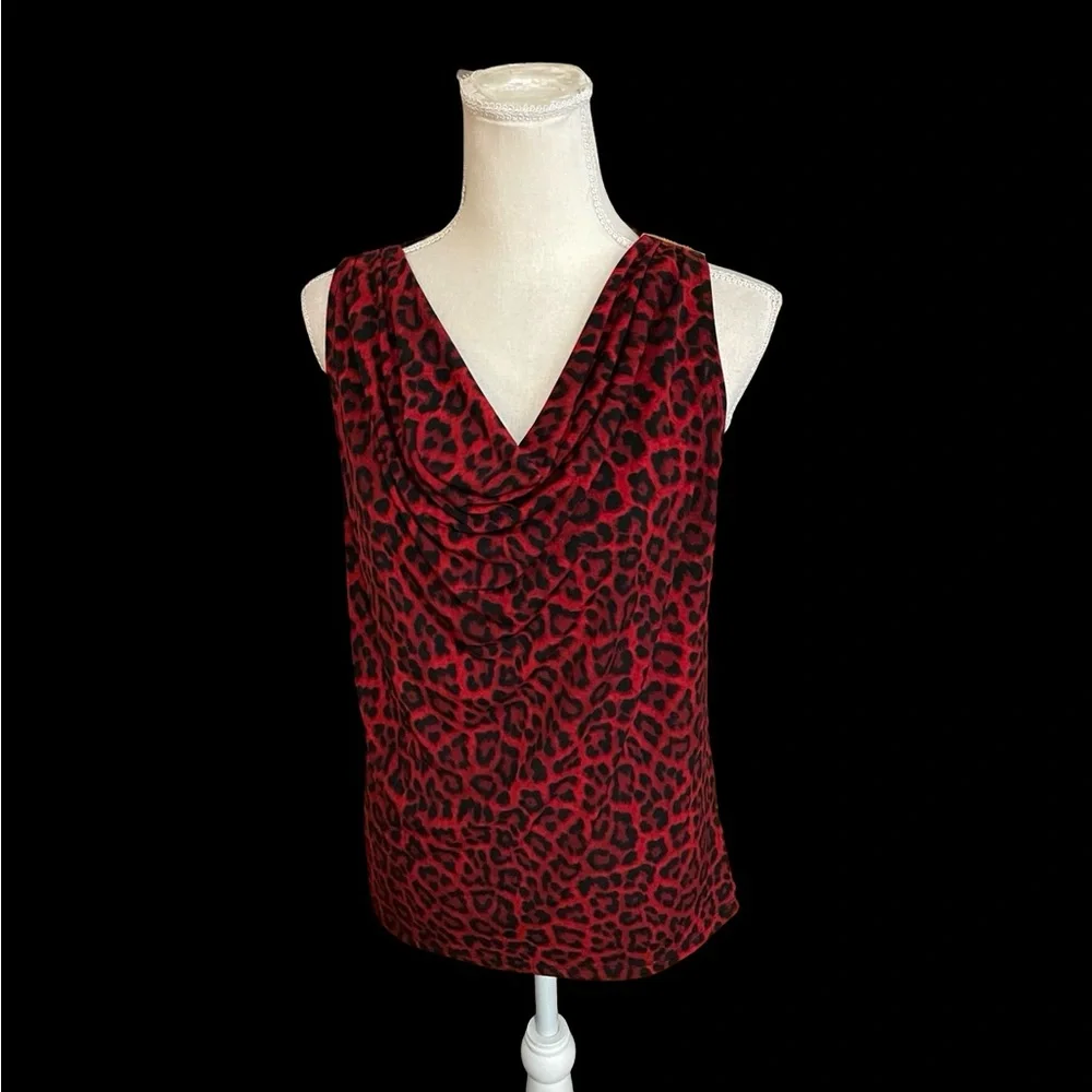 Michael Kors Red Black Animal Print tank top cowl neck SMALL gold bar sleeveless - Picture 5 of 16